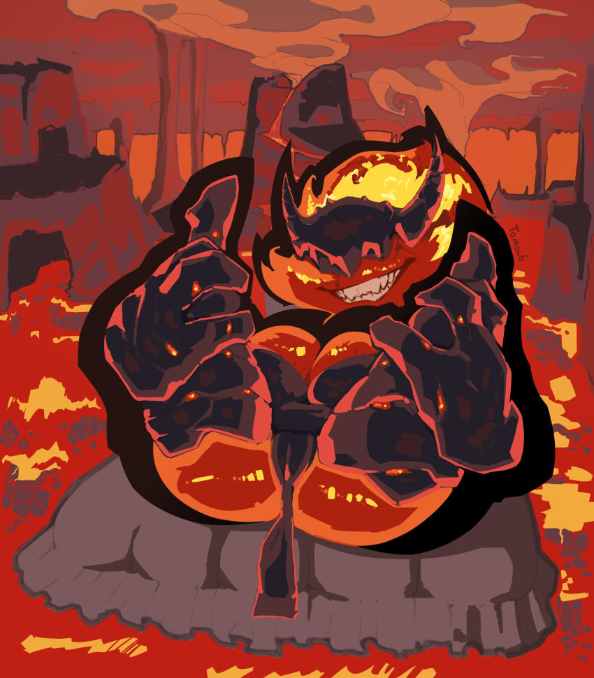 absurd_res armor ass big_breasts big_butt big_hands breasts cameltoe clothing elemental_creature eyeless female fire fire_creature genitals headgear helmet hi_res holding_legs holding_legs_up horn horned_helmet humanoid kel_(capracreep) large_ass lava lying mostly_nude not_furry on_back outdoors presenting presenting_pussy rough_sketch sharp_teeth shortstack solo teeth tomol6 volcanic_setting