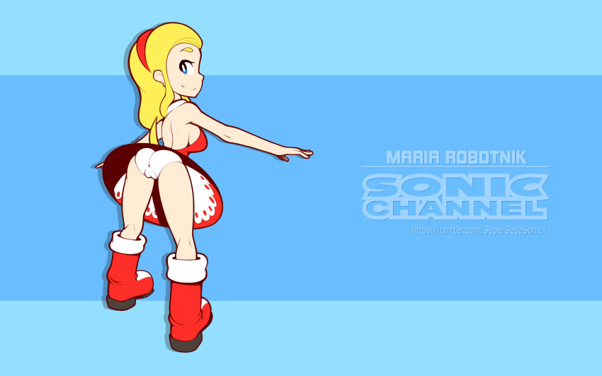 alternate_breast_size alternate_costume amy_rose_(cosplay) blonde_hair cameltoe dress from_behind happy headband maria_robotnik panties red_boots red_dress red_headband sega sideboob smile sonic_(series) sonic_channel sonic_the_hedgehog_(series) supersegasonicss tail white_panties yellow_tail