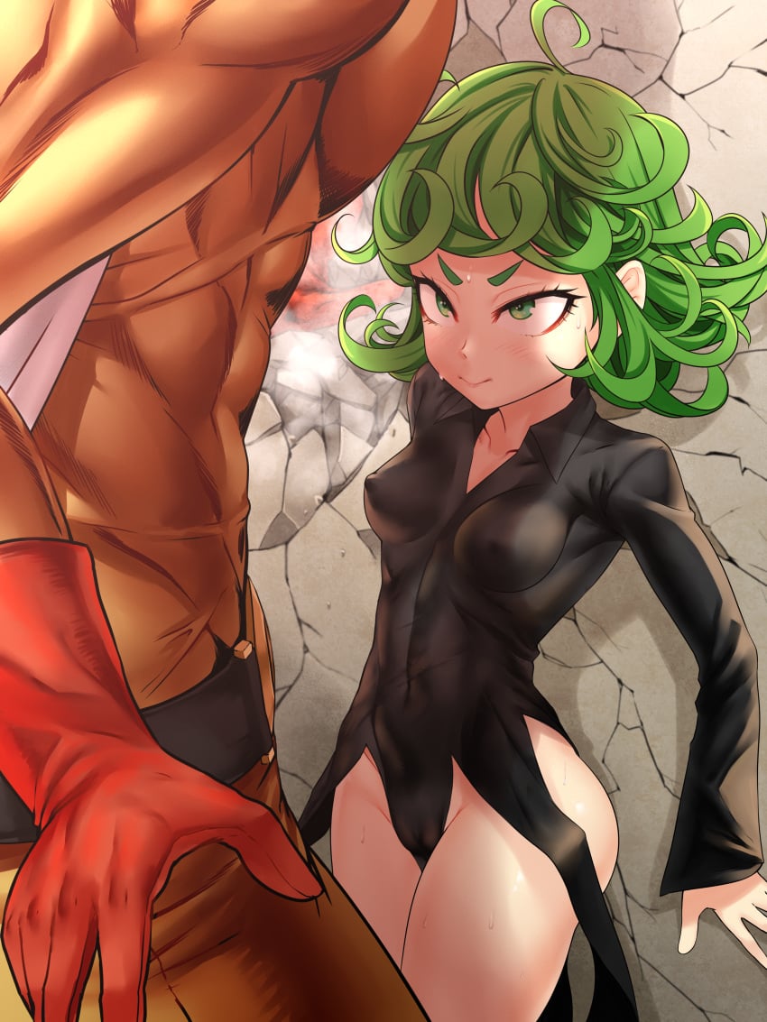 1boy 1girls abs absurd_res breasts female gloves green_eyes green_hair high_resolution leotard nipple_bulge one-punch_man saitama sereneandsilent short_hair shortstack size_difference small_breasts smaller_female sweat tatsumaki thick_thighs thighs tight_clothing