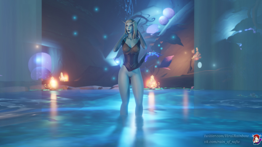 1girls 3d blue_eyes blue_skin dark_ranger elf elf_ears female glowing_eyes half-dressed high_elf humanoid pointy_ears pussy rainbowviral standing standing_in_water sylvanas_windrunner undead water white_hair world_of_warcraft