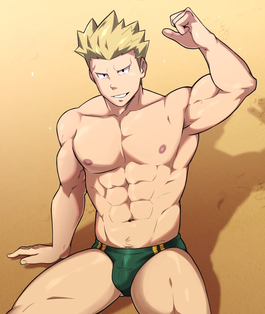 1boy abs arm_up blonde_hair bulge fit_male gay green_swimwear human human_only lt_surge male_focus male_only muscle nintendo pokemon pokemon_rgby seb_(artist) shadow solo_male speedo