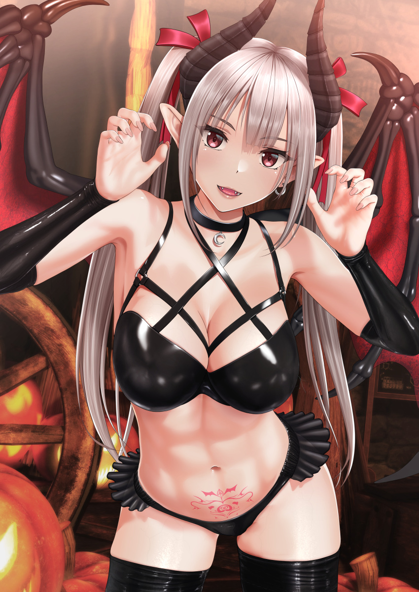 1girls absurdres choker claw_pose commentary_request demon_girl demon_horns demon_wings detached_sleeves earrings fangs female female_only fingernails hair_ribbon halloween highres horns jack-o'-lantern jewelry light-skinned_female light_skin long_fingernails looking_at_viewer original parted_lips pointy_ears pubic_tattoo pumpkin red_eyes revealing_clothes ribbon shiny shiny_clothes silver_hair solo succubus succubus_horns succubus_tattoo succubus_wings tai_(2vs) tattoo thighhighs twintails wings