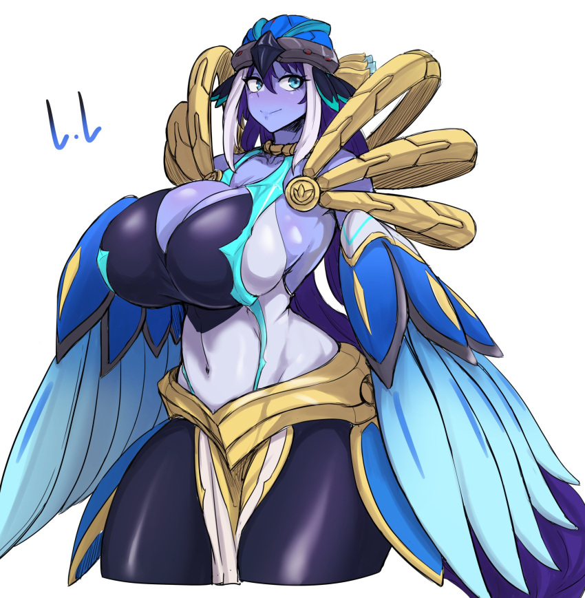 anthro arm_wings armor big_breasts bird bird_girl bird_wings blue_eyes cleavage curvy exabyte female harpy huge_breasts lyrilusc lyrilusc_ensemblue_robin mature_female midriff parallax05 purple_skin solo_female wide_hips winged_arms wings yu-gi-oh!