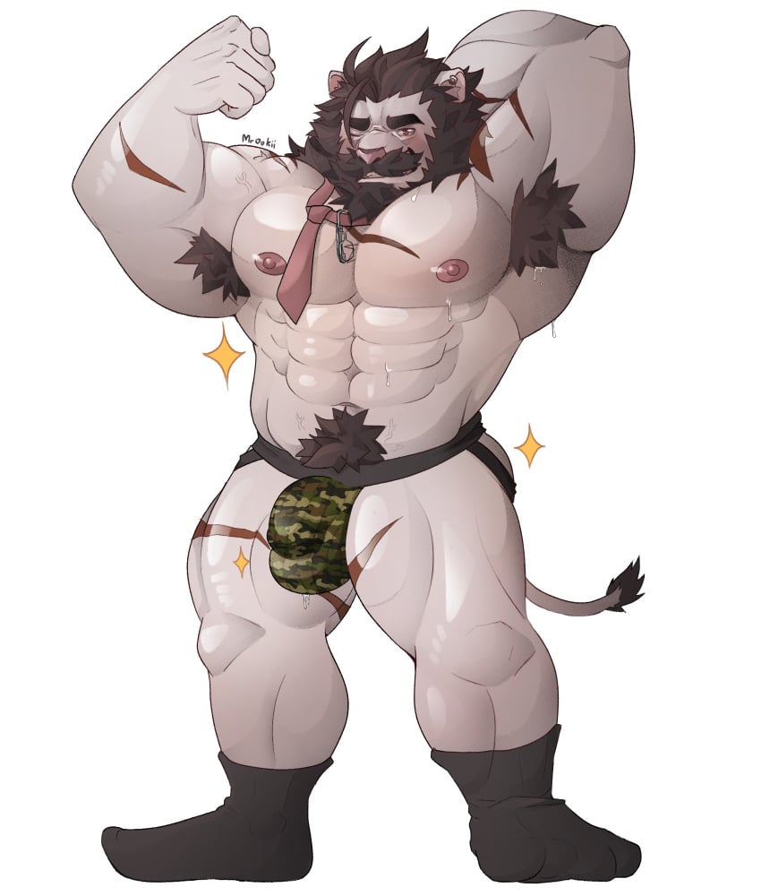 1male 2021 abs anthro armpit_hair beard beefy big_muscles black_hair bodily_fluids body_fur body_hair brown_eyes bulge camo_print clothing ear_piercing ear_ring eyebrows eyewear facial_hair felid flexing footwear fur genital_outline gio_madfang glasses hair happy_trail hi_res huge_muscles intact jockstrap leonine leonine_tail lion long_hair_male looking_at_viewer male male_nipples male_only male_pubic_hair mammal mane manly masculine mature_anthro mature_male mostly_nude_male mrookii muscular muscular_anthro muscular_male mustache necktie nipples one_eye_closed pantherine pecs penis_outline piercing pink_nipples pink_nose pubes simple_background smooth_fur socks solo sparkles standing sweat tail thick_eyebrows underwear white_background white_body white_fur wink