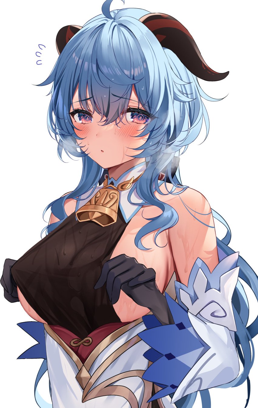 1girls absurd_res bangs big_breasts black_bodysuit blue_eyes blue_hair blush bodysuit breasts collarbone female ganyu_(genshin_impact) genshin_impact hair_between_eyes hi_res highres hizuki_higure horn horns huge_breasts large_breasts long_hair looking_at_viewer pink_eyes plain_background shoulders sideboob simple_background solo wet wet_body wet_breasts wet_clothes wet_hair wet_skin white_background