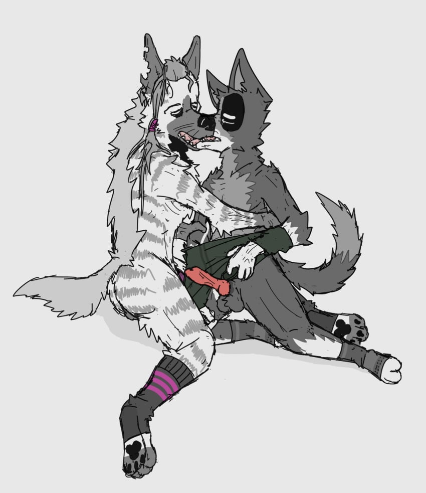 anthro ass athletic athletic_anthro balls canid canine canis closed_eyes clothing cuddling domestic_dog duo embrace erection fluffy_butt footwear french_kissing genitals hi_res hug hyaenid kissing male male/male mammal pawpads paws penis ricthecusco size_difference socks striped_hyena undressing undressing_self