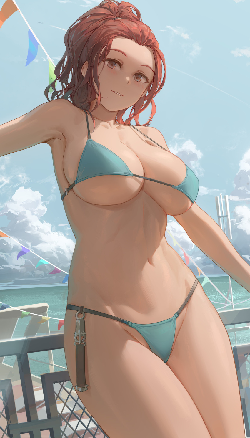 1girls 2021 armpits belly_button bikini blue_bikini blue_sky blush breasts detailed_background female female_only hi_res hips huge_breasts light_blush long_hair looking_at_viewer orange_eyes original original_character outdoors red_hair slim_waist smile thick_thighs thighs water wide_hips yohan1754