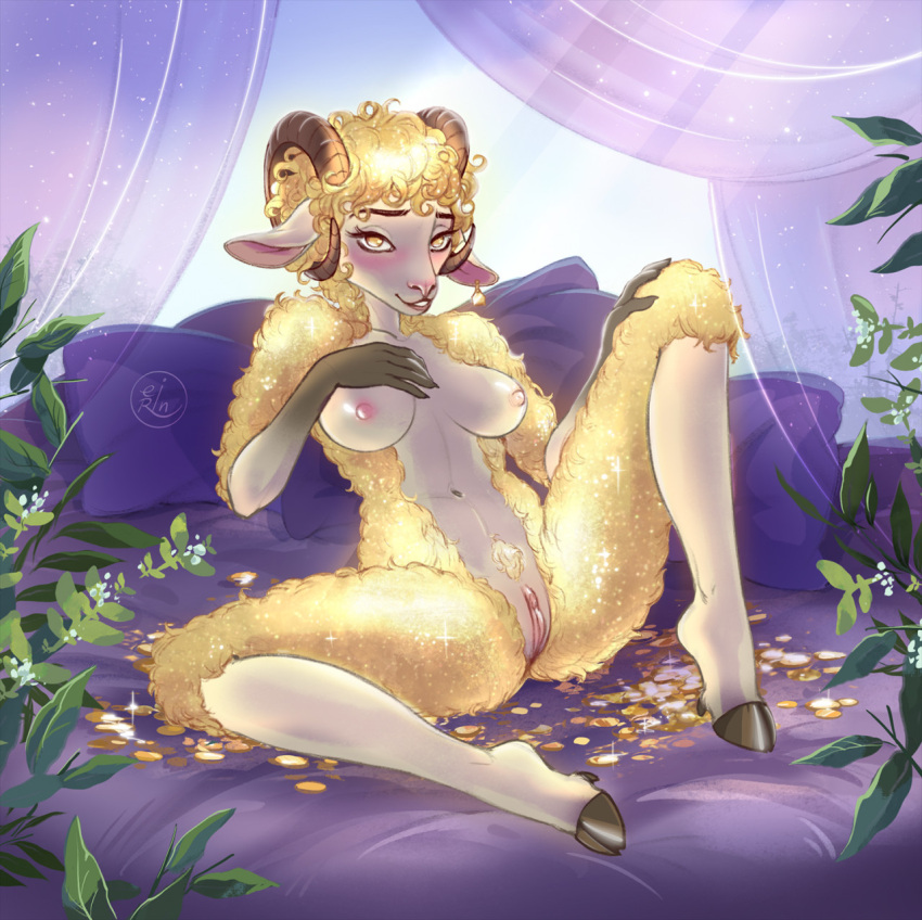 anthro bed blonde_hair bovid breasts caprine clitoris coin curtains ear_tag eighthsun female fur furniture furry genitals gold gold_coin highres looking_at_viewer mammal nipples nude plant pubic_hair pussy sheep solo spread_legs spread_pussy spreading yellow_body yellow_eyes yellow_fur