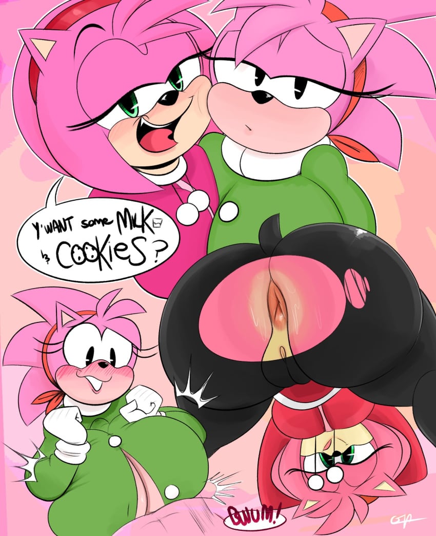 ! ? accessory amy_rose anthro anus ass bedroom_eyes bent_over big_ass big_breasts big_butt blush bodily_fluids breast_play breasts bubble_butt bulge bulge_through_clothing classic_amy_rose classic_sonic_(universe) clothing duo english_text eulipotyphlan female genitals gloves green_eyes hair half-closed_eyes handwear headband hedgehog hi_res huge_ass huge_breasts huge_butt mammal narrowed_eyes open_mouth open_sweater ota_(artist) outercourse paizuri paizuri_under_clothes pink_body pink_hair pussy seductive sega sex sonic_(series) sonic_the_hedgehog_(series) speech_bubble square_crossover sweat sweater sweatpants sweaty_butt text tongue topwear torn_clothing