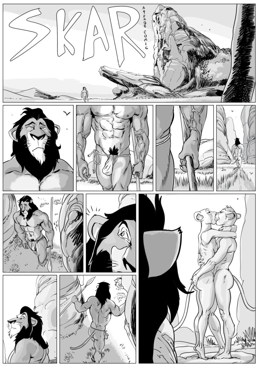 anthro clothing comic disney felid female furronika group hi_res lion lion_king_ears male male/female mammal melee_weapon monochrome muscular nala nude pantherine polearm scar scar_(the_lion_king) simba spear the_lion_king thong underwear weapon