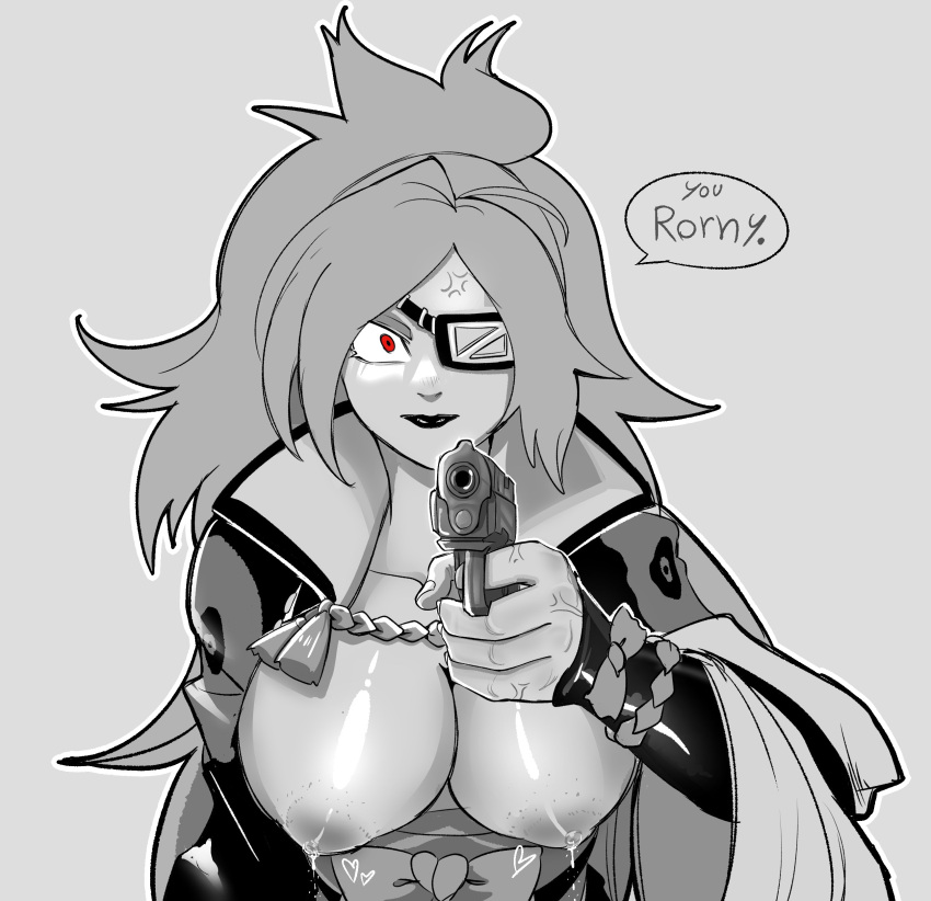 1girls baiken big_penis breasts eye_contact eyepatch female greyscale guilty_gear guilty_gear_strive gun hentaly huge_breasts lactation looking_at_viewer monochrome nipples partially_colored pistol red_eyes simple_background solo speech_bubble text upper_body