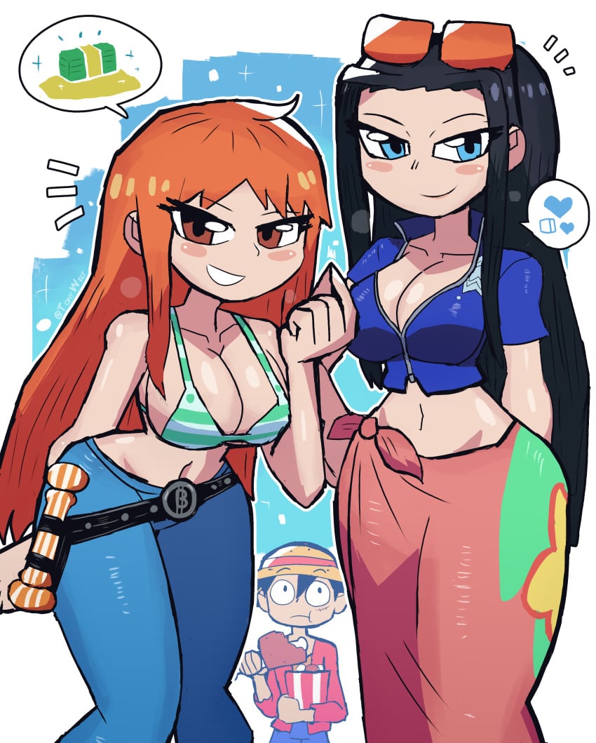 2girls background big_breasts bikini bikini_top black_hair blue_eyes cleavage eyebrows f female female_focus jeans large_breasts light-skinned_female light_skin looking_at_viewer male monkey_d_luffy nami navel nico_robin one_piece orange_hair post-timeskip red_eyes straw_hat thick_thighs thighs tony_welt