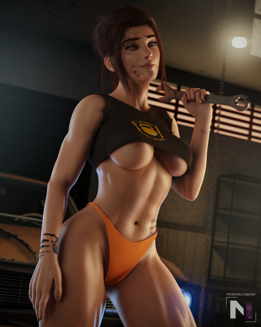 1girls 3d abs blizzard_entertainment brigitte brigitte_lindholm brown_hair car depth_of_field dirty fanart female female_only garage holding_object holding_wrench indoors large_breasts muscular muscular_female nsf overwatch slushe_(website) solo solo_female standing tagme underboob wrench