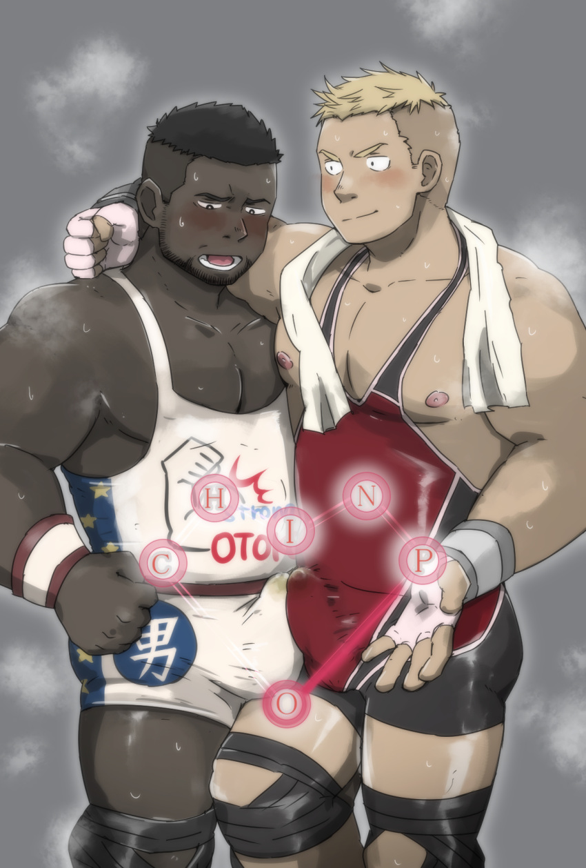 2boys bara beard blush bodysuit breath bulge bulge_press bulges_touching cum cum_in_clothes cum_through_clothes dark-skinned_male dark_skin erection erection_under_clothes facial_hair feet_out_of_frame frottage frottage_through_clothing frotting gay highres interracial large_pectorals male_focus male_only mature_male multiple_boys muscular muscular_male nipples pectoral_cleavage pectorals red_bodysuit rubbing shinki_(shinki_k) short_hair sideburns sidepec smile sweat thick_thighs thighs undercut very_dark_skin white_bodysuit wrestlers wrestling wrestling_outfit