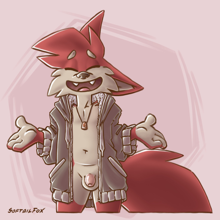 1:1 baggy_clothing baggy_topwear balls big_ears big_tail bottomless bottomless_male bottomwear canid canine closed_eyes clothed clothing denim denim_clothing digital_media_(artwork) flaccid fluffy fox fur genitals hoodie jeans jewelry male male_only mammal navel necklace pants pendant penis red_body red_fur shirt shrug smile softailfox sweater t-shirt tan_body tan_fur toony topwear