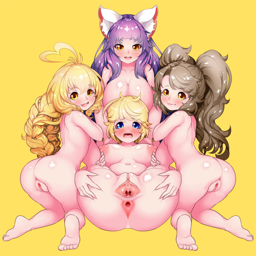 4girls abel_(monster_strike) ahoge animal_ears anus benzaiten_(monster_strike) big_ass big_breasts blonde_hair blue_eyes blush braided_hair brown_hair bubble_butt cleavage completely_nude daji_(monster_strike) female female_only hairless_pussy hymen kemonomimi kneeling legs_held_open legs_up long_hair looking_at_viewer looking_back monster_strike mukakinzero multiple_girls nightingale_(monster_strike) nude open_mouth purple_hair pussy shaved_pussy shiny_skin smile soles spread_legs spread_pussy spreading tongue_out twintails uncensored yellow_background yellow_eyes