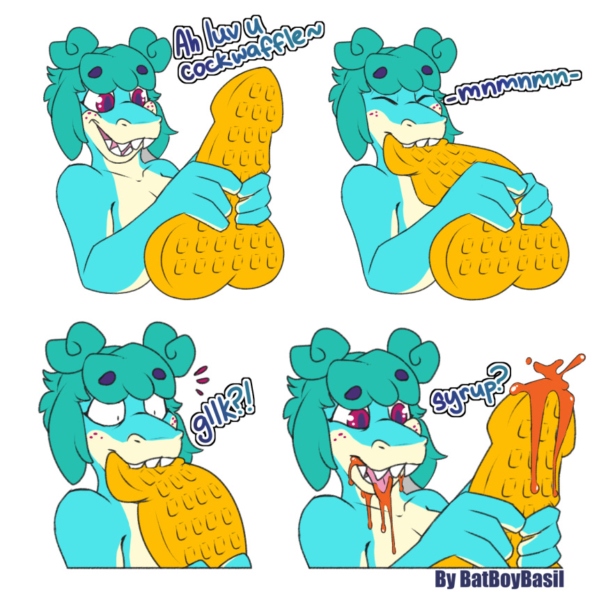 ambiguous_gender anthro batboybasil bite blue_body blue_skin cockwaffle confusion eating fish food freckles green_hair hair hair_bun happy hi_res humor marine meme multicolored_body multicolored_skin open_mouth shark sharp_teeth shocked short_hair solo syrup teeth text tongue tongue_out