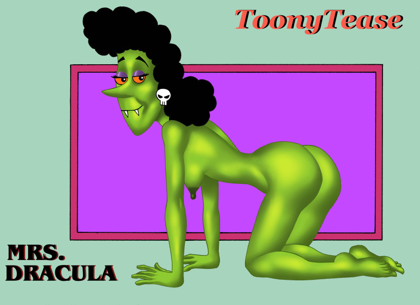 ass curly_hair earrings fangs female green_skin little_dracula looking_back on_all_fours orange_sclera skull_earrings small_breasts solo toonytease