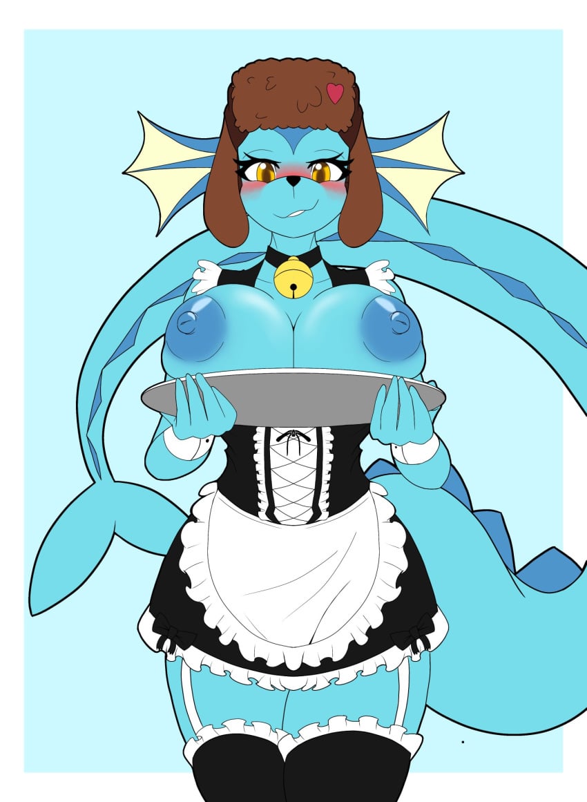 big_breasts blush female maid_uniform mojiuwu nintendo nipples pokémon_(species) pokemon pokemon_(species) tagme thick_thighs vaporeon