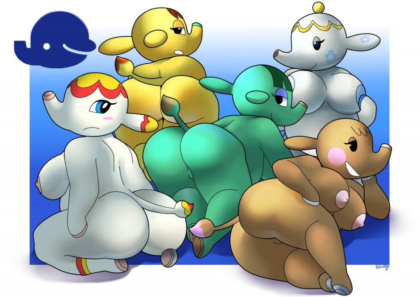 2021 5girls aerth animal_crossing anthro ass big_ass big_breasts big_butt blush breasts brown_body brown_hair elephant elephantid ellie_(animal_crossing) eloise_(animal_crossing) eyelashes eyeshadow featureless_crotch female fur green_body green_hair hooves looking_at_another looking_at_viewer looking_back margie_(animal_crossing) nintendo nipples opal_(animal_crossing) red_hair thick_thighs tia_(animal_crossing) trunk_(anatomy) two_tone_hair video_games white_body wide_hips yellow_body yellow_hair