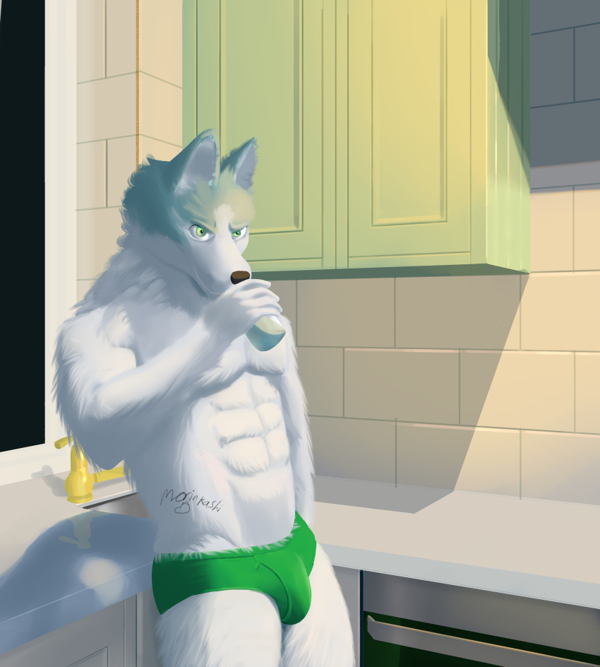 abs absurd_res anthro athletic athletic_anthro athletic_male biceps blue_body blue_fur brand_new_animal briefs bulge canid canine canis chest_fur chest_tuft clothed clothing container cup detailed_background detailed_bulge fur green_eyes hi_res looking_at_viewer male male_only mammal morinkashi multicolored_body multicolored_fur muscular muscular_anthro muscular_male pecs shirou_ogami solo studio_trigger tuft underwear white_body white_fur wolf