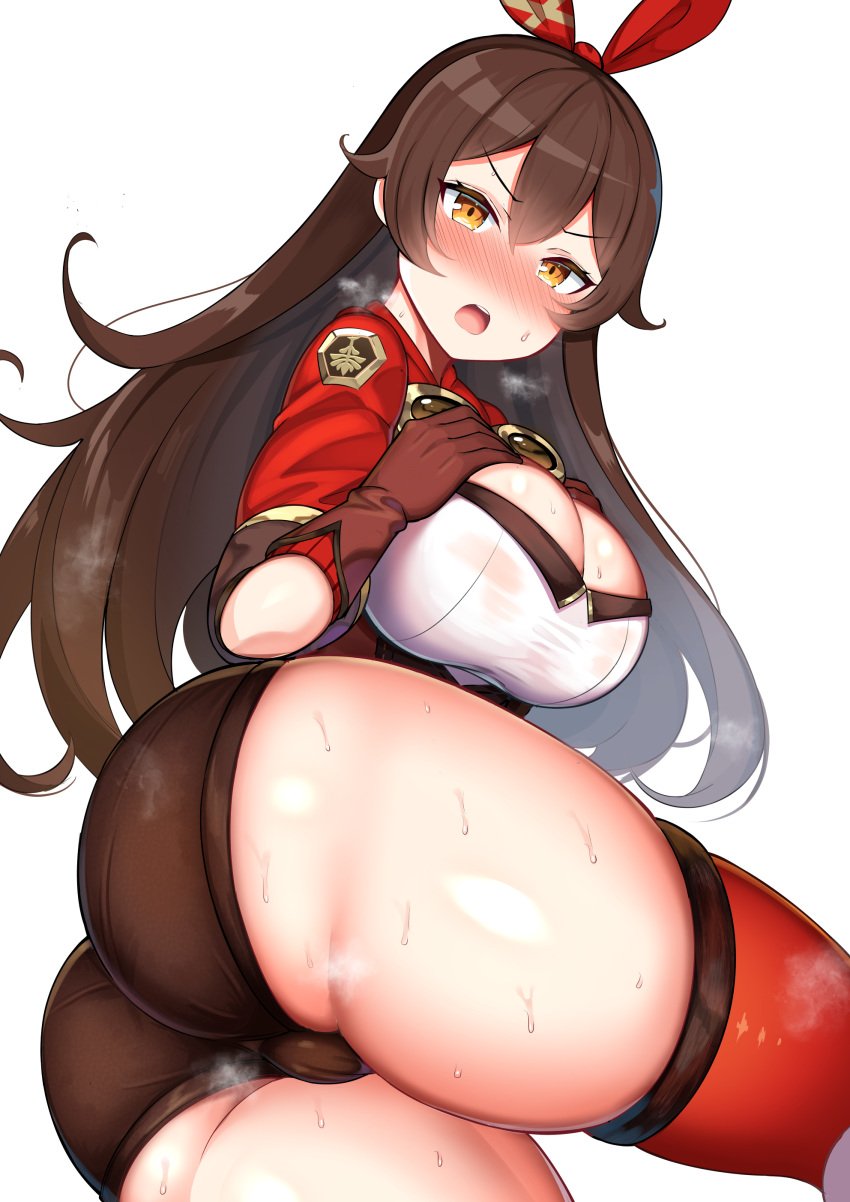 1girls alternate_version_available amber_(genshin_impact) ass big_ass big_breasts blush breasts brown_hair cameltoe eye_contact female genshin_impact hair_ribbon holybreen jakko looking_at_viewer minishorts shorts sweat thick_thighs thighhighs thighs tight_clothing white_background