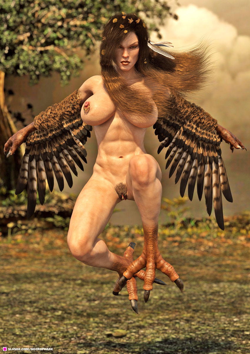 1girls 3d abs angry athletic athletic_female brown_hair brown_pubic_hair claws depth-of_field fantasy female female_only harpy large_breasts long_hair looking_at_viewer midair necrophage nipple_piercing nude nude_female original outdoor outdoor_nudity outdoors outside pinup pubic_hair slushe_(website) solo solo_female talons wings