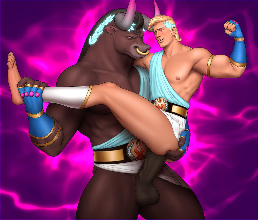 anal anthro asterius_(hades) bigger_penetrating_smaller drawnpr0n flex gay hades_(game) horns humansub interspecies male male_only minotaur muscular nose_piercing size_difference stand_and_carry_position theseus_(hades) video_games yaoi