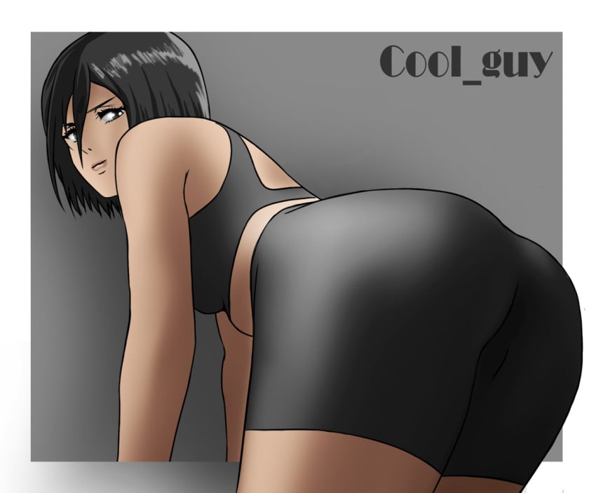 ass attack_on_titan big_breasts big_butt black_hair butt clothed clothing cool_guy dat_ass female female_focus female_only fit fit_female from_behind looking_at_viewer looking_back medium_hair mikasa_ackerman pussy shingeki_no_kyojin solo solo_female solo_focus sports_bra sportswear thick_thighs thighs white_skin