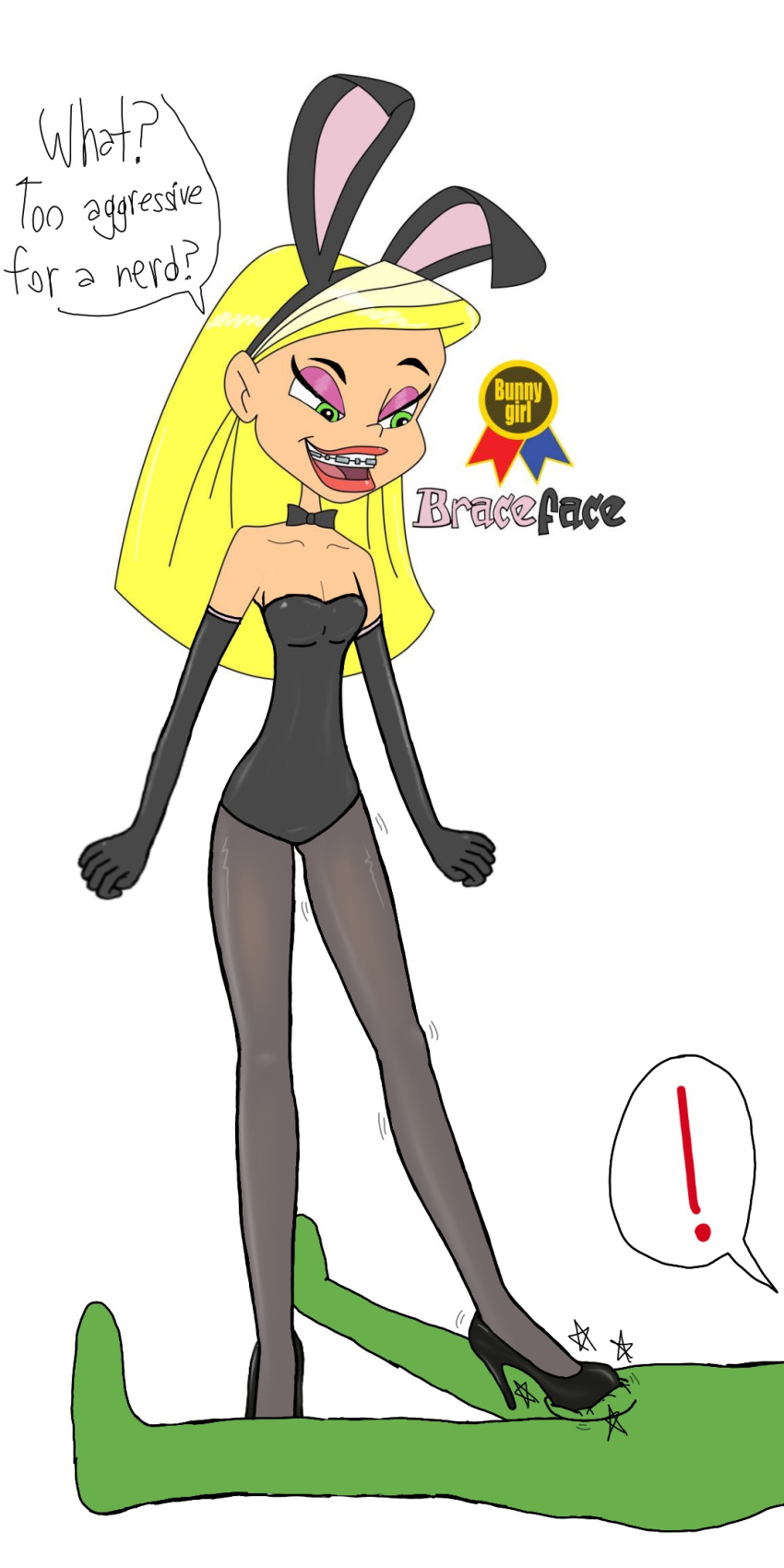 aged_up anon ball_crushing ballbusting blonde_hair braceface braces bunny_ears bunny_girl bunnysuit eyeshadow high_heels lipstick makeup pantyhose sharon_spitz smug stomping white_background