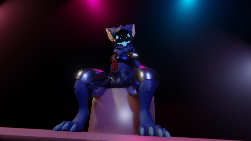 3d_(artwork) absurd_res animal_genitalia animal_penis anthro blue_body blue_claws blue_eyes blue_fur blue_tongue canine_penis claws digital_media_(artwork) feet foot_focus fur genitals hi_res looking_at_viewer machine male male_only malik_(protogen) malik_proto penis presenting protogen solo tongue tongue_out visor