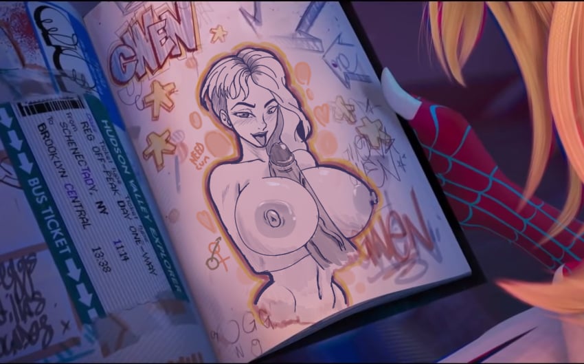 accurate_art_style breasts canonical_scene drawing female gwen_art_check gwen_stacy huge_cock karuro-kun marvel meme nipples paizuri screenshot_edit sketch spider-gwen spider-man:_across_the_spider-verse tagme topless