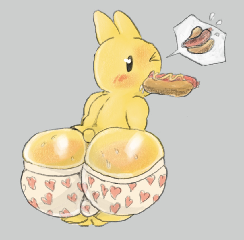 anthro ass bent_over big_butt clothing food food_in_mouth hi_res hot_dog huge_butt kidrobot lagomorph leporid looking_at_viewer male mammal rabbit simplybobcat solo underwear