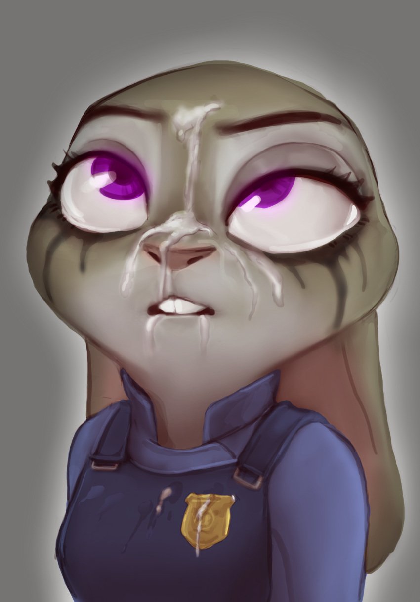 anthro bodily_fluids clothed clothing color_edit colored cum cum_on_face disney edit female genital_fluids hi_res judy_hopps lagomorph leporid mammal pawtsun qupostuv35 rabbit running_makeup solo teeth zootopia