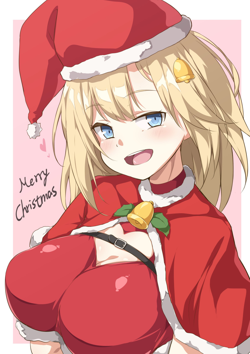 1girls absurdres bangs bell blonde_hair blue_eyes breast_strap breasts capelet christmas commentary english_commentary eyebrows_visible_through_hair fur_trim hair_bell hair_ornament hanuma_hanma hat highres hololive hololive_english hololive_myth large_breasts looking_at_viewer medium_hair merry_christmas open_mouth santa_hat solo virtual_youtuber watson_amelia