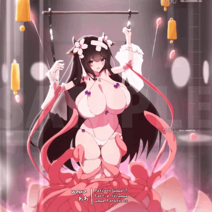 accessory animal_ears animated arm_grab azur_lane band-aid bandage better_version_at_source bikini bikini_bottom bikini_top blush bodily_fluids bouncing_breasts breasts brown_hair cameltoe cow_ears drooling female highres horns huge_breasts humanoid kashino_(azur_lane) large_breasts leg_grab leg_rub light_body lingomogu long_hair navel pink_tentacles purple_bow purple_eyes saliva sample skindentation solo swimwear tentacle thigh_gap wawa wawa_(lingomogu) white_bikini white_clothing white_flower white_swimwear