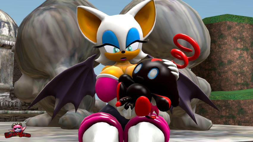 2020 3d anthro artist_name balls big_breasts black_body black_skin blue_sclera bodysuit breasts chao_(sonic) chiropteran cleavage closed_eyes clothed clothing curvy_figure dark_chao detailed_background digital_media_(artwork) duo eyelashes eyeshadow female fingers fur genitals gloves grey-yordle hair handwear hi_res huge_breasts makeup male male/female mammal multicolored_body multicolored_skin outside penis red_body red_skin rouge_the_bat sega sitting skinsuit smile sonic_(series) source_filmmaker spread_wings tan_body tan_fur teal_eyes thick_thighs tight_clothing two_tone_body two_tone_skin vein veiny_penis voluptuous white_body white_eyes white_fur white_hair wide_hips wings