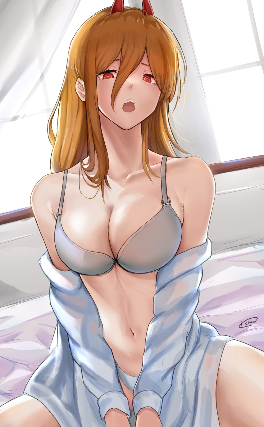 +_+ 1girls 2021 bare_shoulders bed bed_sheet bedroom belly bra breasts chainsaw_man cleavage collarbone covered_nipples female female_focus female_only horns i-chandraws indoors looking_at_viewer medium_breasts navel open_mouth orange_hair panties power_(chainsaw_man) red_eyes red_horns room sharp_teeth shirt shirt_down sitting sitting_on_bed solo solo_female unusual_pupils