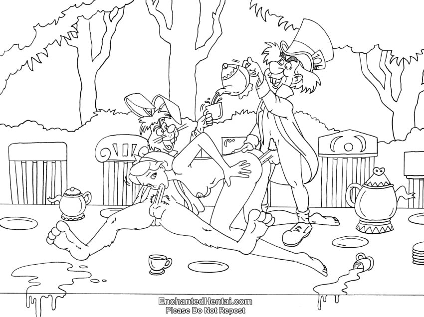 alice_(disney) alice_in_wonderland alice_in_wonderland_(1951_film) alice_liddell balls disney drawnthatwayxx enchantedhentai.com female mad_hatter_(disney) male march_hare_(disney) monochrome nipples penis sketch testicles