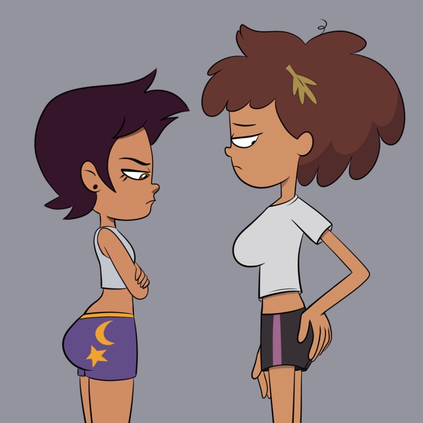 2girls amphibia anne_boonchuy ass ass_envy ass_vs_breasts big_ass big_breasts bottom_heavy breast_envy breast_size_difference breasts butt_size_difference clothing comparison crossover dark_skin disney disney_channel disney_xd female_only fully_clothed hand_on_ass hand_on_own_ass human looking_each_other luz_noceda multiple_girls pajamas rotational_symmetry scobionicle99 serious shorts sleepwear small_ass small_breasts standing straight_hair tagme tank_top the_owl_house top_heavy