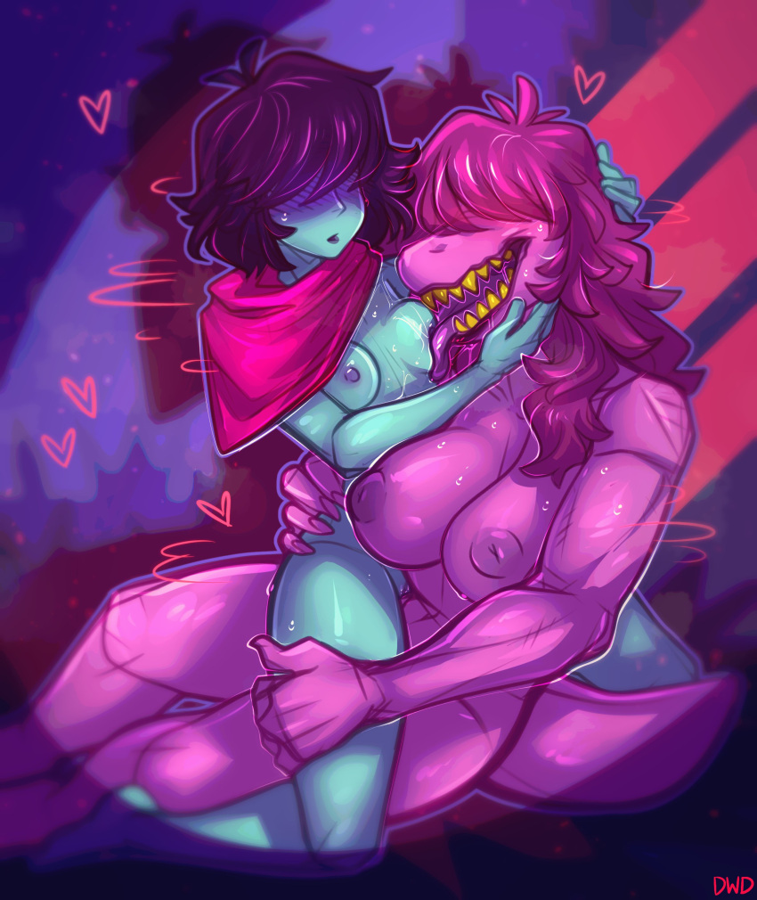 2021 absurd_res anthro breast_licking breasts deltarune dimwitdog duo female female/female genitals hi_res human kris_(deltarune) kris_female_(deltarune) lizard mammal nipples pussy reptile scalie susie_(deltarune) tongue tongue_out undertale_(series) video_games