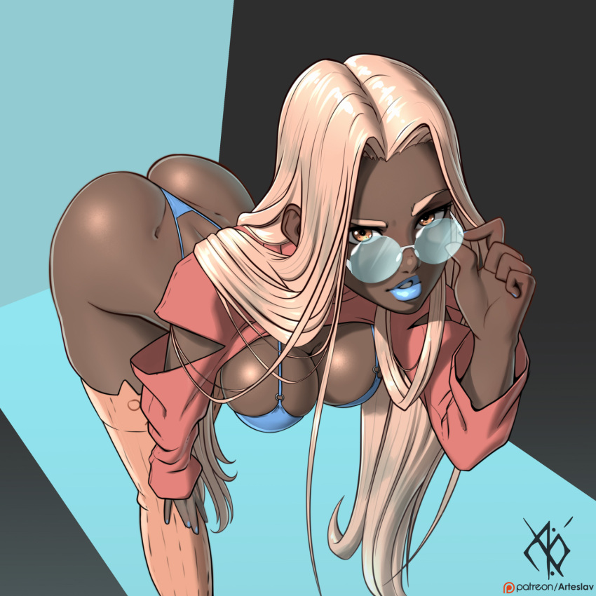 1girls adjusting_eyewear adjusting_glasses adjusting_sunglasses arteslav ass athma_(arteslav) bent_over blue-tinted_eyewear blue_bikini breasts dark-skinned_female dark_skin dimples_of_venus female hand_on_knee hand_on_own_knee highres large_breasts looking_at_viewer looking_over_eyewear looking_over_glasses looking_over_sunglasses original pink_legwear platinum_blonde_hair shoulder_cutout solo sunglasses thighhighs thong thong_bikini tinted_eyewear very_long_hair