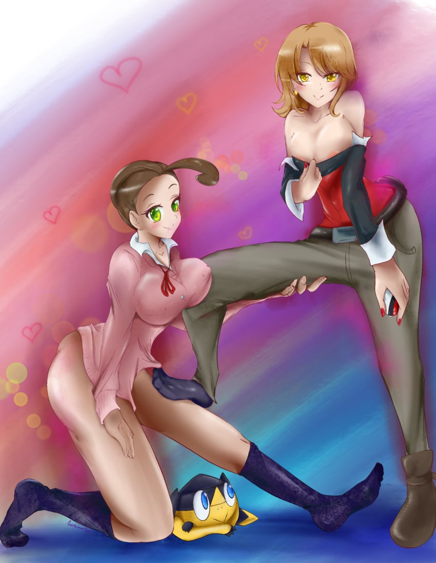 alexa_(pokemon) big_breasts blush bottomless brown_hair cleavage crossover earrings flatpancakes green_eyes helioptile holding_leg isshiki_iroha large_breasts long_sleeves medium_breasts my_teen_romantic_comedy_snafu nail_polish on_knees one_shoe pokeball pokemon pokemon_xy pulling_down_shirt revealing short_hair socks sweater thick