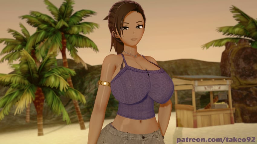 1girls 3d 3d_(artwork) african african_female beach big_breasts brown_eyes brown_hair cleavage clothed clothing curvaceous curvy dark-skinned_female dark_skin female_focus female_only hand_on_hip huge_breasts koikatsu large_breasts looking_at_viewer patreon pinup ponytail posing resident_evil resident_evil_5 revealing_clothes seductive sheva_alomar skimpy solo standing takeo92 text tight_clothing topwear wide_hips