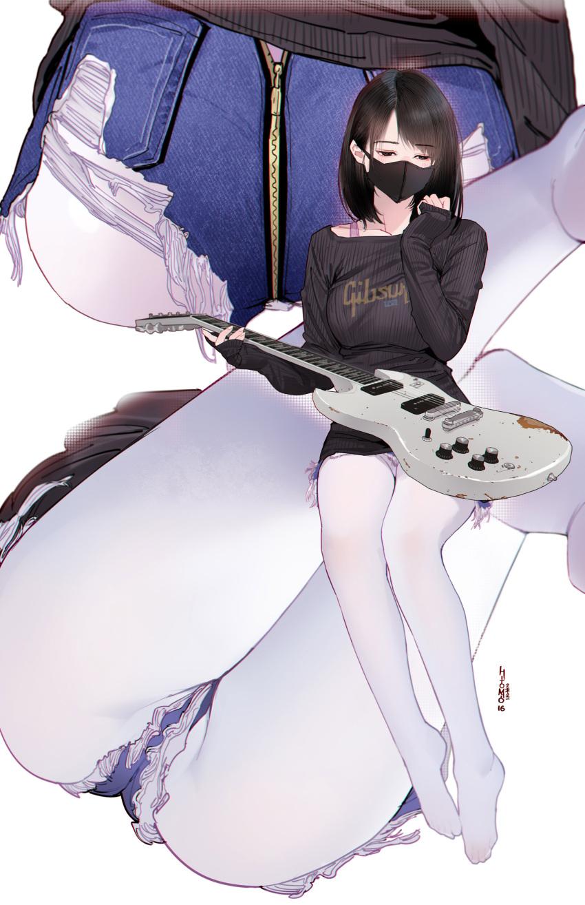 absurdres artist_name ass black_eyes black_hair black_sweater blue_shorts breasts clothes_writing cutoffs denim denim_shorts eyebrows_visible_through_hair feet female from_behind full_body gibson guitar hand_up highres hitomi_o holding holding_instrument instrument instrument_request long_sleeves mask medium_breasts medium_hair micro_shorts mouth_mask multiple_views no_shoes original pantyhose ribbed_sweater shorts simple_background sitting sleeves_past_wrists sweater torn_clothes torn_shorts white_background white_legwear zipper zipper_pull_tab