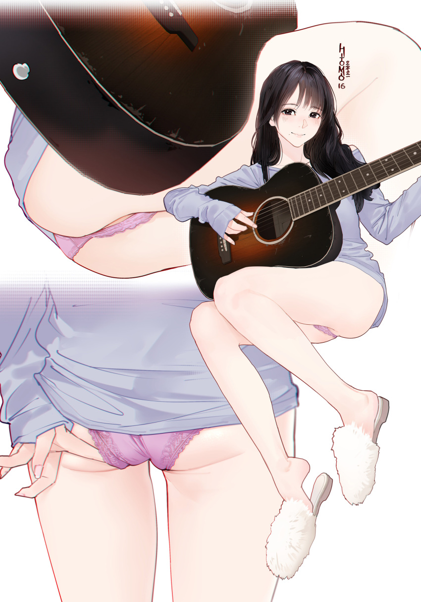 absurdres acoustic_guitar artist_name ass bare_legs black_hair female grey_shirt guitar guitar_little_sister_(hitomi_o) highres hitomi_o human instrument long_hair long_sleeves multiple_views musical_instrument original pale_skin panties playing_instrument purple_panties shirt sleeves_past_wrists slippers solo underwear white_background white_footwear