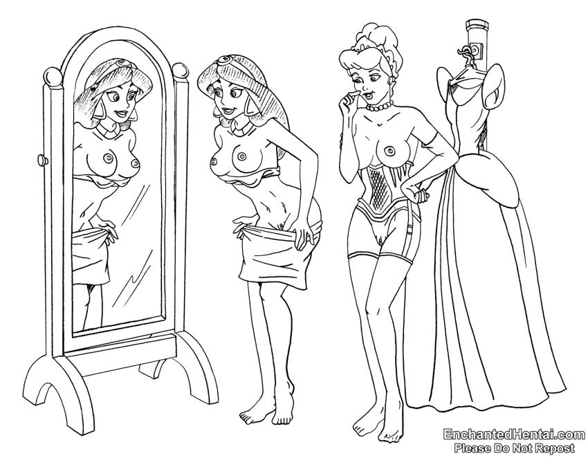 aladdin aladdin_(1992_disney_film) cinderella_(1950_film) cinderella_(disney) corset crossover disney disney_princess drawnthatwayxx enchantedhentai.com female female_only mirror monochrome nipples princess_jasmine pussy sketch