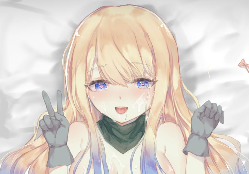 :d bangs bed blonde_hair blue_eyes blue_hair blush bow breasts cum cum_on_body cum_on_breasts eyebrows_visible_through_hair facial female gloves gradient_hair heart heart-shaped_pupils implied_sex indie_virtual_youtuber large_breasts long_hair looking_at_viewer lying multicolored_hair nude on_back pink_bow smile solo symbol-shaped_pupils ten-jun_naki v virtual_youtuber zeta_(vtuber)