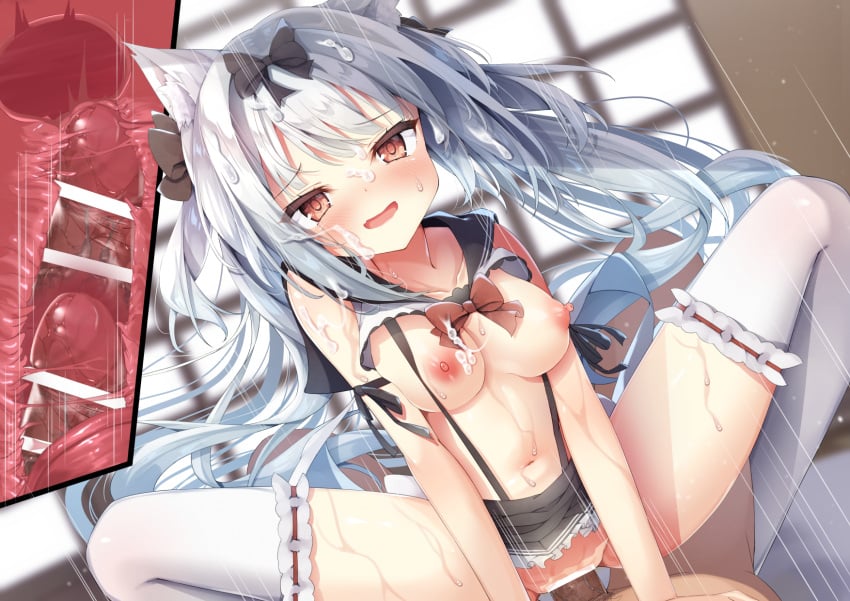 1boy animal_ear_fluff areolae azur_lane bangs bar_censor black_bow blurry blurry_background blush bow breasts censored cross_section cum cum_on_body cum_on_breasts eyebrows_visible_through_hair facial female hairbow highres large_breasts long_hair looking_at_viewer madotsukumo motion_blur navel nipples open_mouth penis pov red_eyes silver_hair smile solo_focus squatting_cowgirl_position sweat thighhighs vaginal_penetration white_legwear yukikaze_(azur_lane)