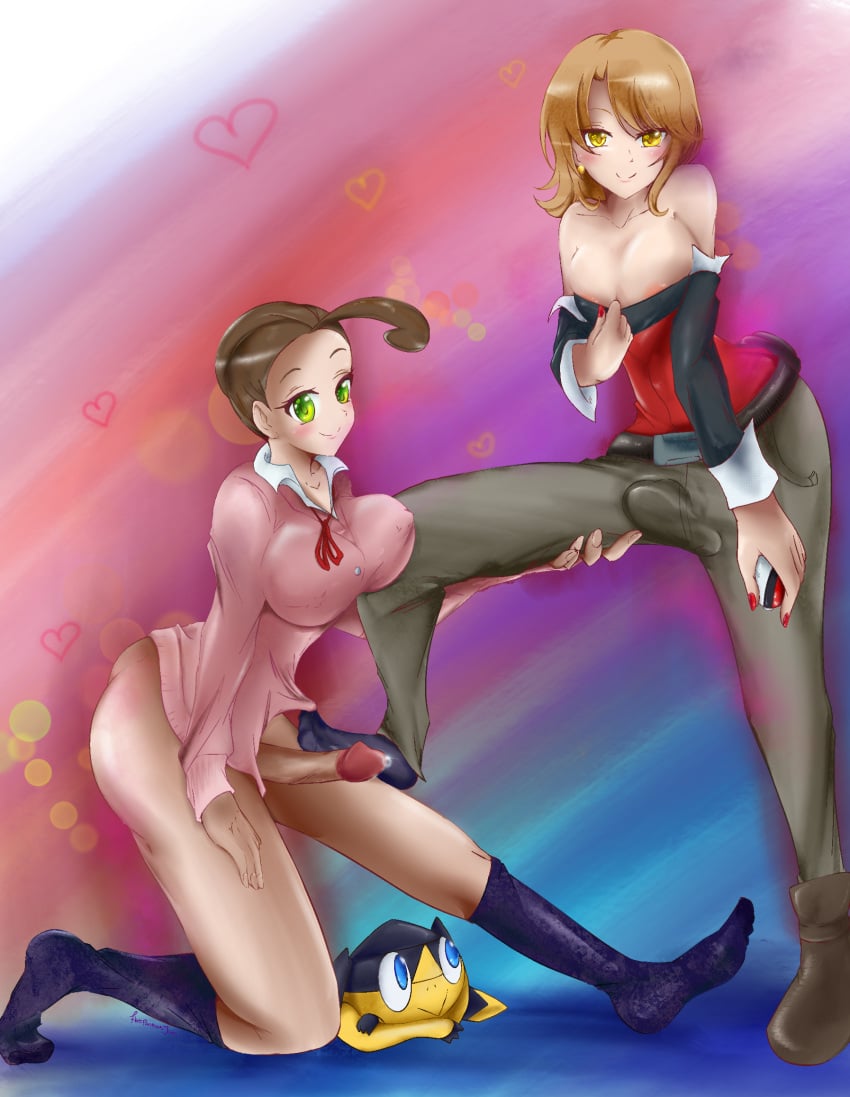 2futas alexa_(pokemon) balls big_breasts big_bulge big_penis blush bottomless breasts brown_hair bulge bulge_through_clothing cleavage clothed clothing crossover duo earrings erection flatpancakes futa_only futanari green_eyes helioptile holding_leg human isshiki_iroha kneeling large_breasts light-skinned_futanari light_skin long_sleeves medium_breasts mostly_clothed my_teen_romantic_comedy_snafu nail_polish on_knees one_shoe pale_skin partially_clothed penis pokeball pokemon pokemon_xy precum precum_drip pulling_down_shirt revealing self_upload short_hair socks standing sweater thick tight_pants